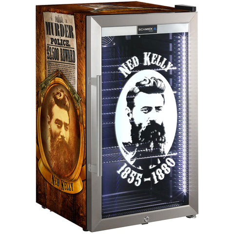 Ned Kelly Themed Alfresco Bar Fridge With Led Strip Lights, Lock and LOW E Glassed - Model SC88-SS-NED