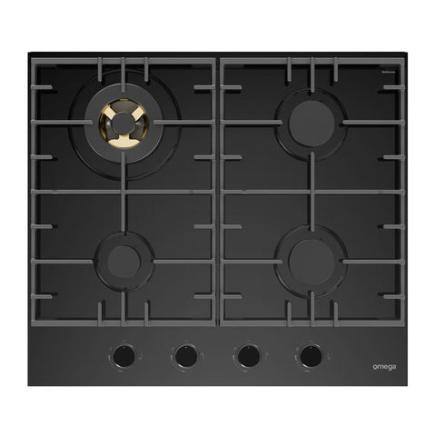 Omega 60cm Gas Cooktop with Wok Burner Gas on Black Ceramic Glass