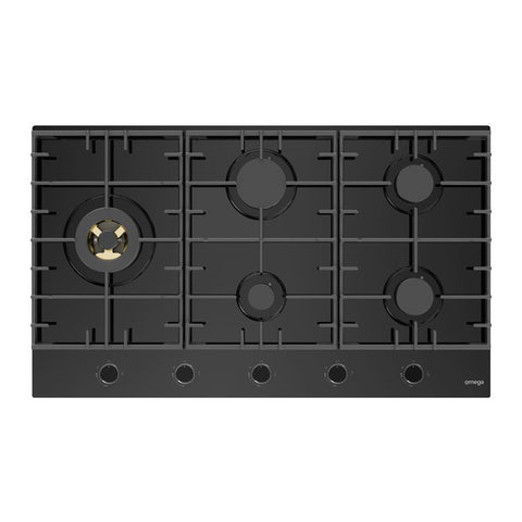 Omega 90cm Gas Cooktop with Wok Burner Gas on Black Ceramic Glass