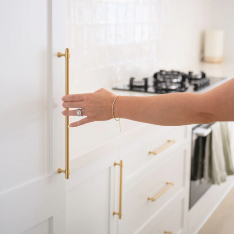 Orson Satin Brass Cabinet Handle with unique detailing and warm finish, perfect for coastal, modern, and farmhouse cabinetry.