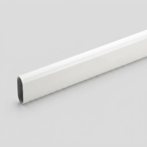 A white metal channel or tube with an oval cross-section, shown diagonally on a light gray background.