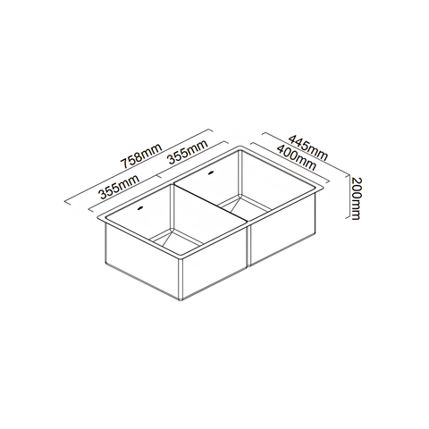 Technical line drawing of a double basin kitchen sink with dimension labels showing 758mm length, 355mm width, 445mm front depth, 355mm rear depth, and 200mm height on a white background.