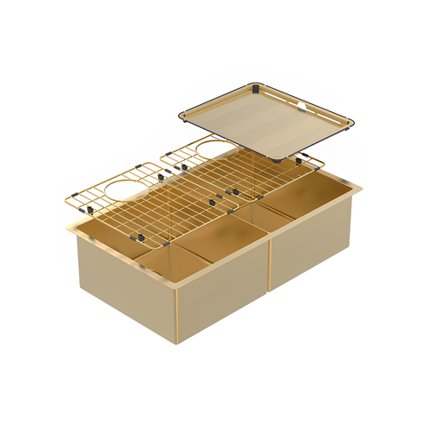 A gold-colored outdoor kitchen sink with a six-compartment basin, a matching gold wire rack, and a clear top cover, shown on a solid white background.