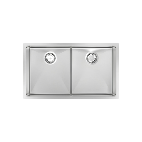 A top-down view of a double-basin stainless steel sink with a rectangular apron front and circular drain openings in each basin, shown on a plain white background.