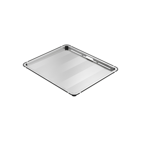 A square clear plastic tray with a black rim, shown at an angle on a solid white background.