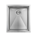 A square stainless steel undermount sink with a geometric, beveled design and a central drain, shown against a plain white background.