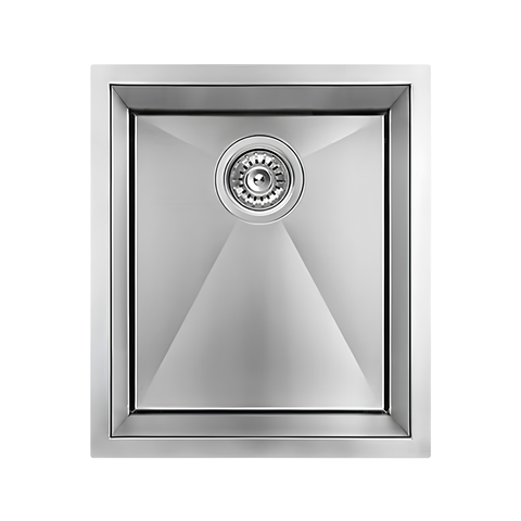 A square stainless steel undermount sink with a geometric, beveled design and a central drain, shown against a plain white background.