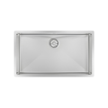 A top-down view of a rectangular stainless steel kitchen sink with a single drain, isolated on a white background.