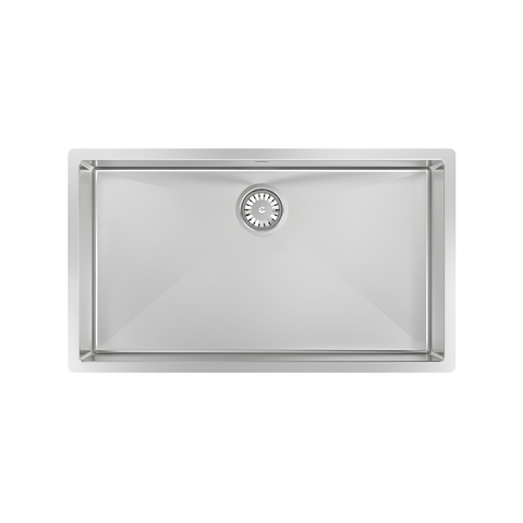 A top-down view of a rectangular stainless steel kitchen sink with a single drain, isolated on a white background.