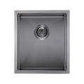 A square stainless steel kitchen sink with a brushed metal finish and a central drain, shown against a plain white background.