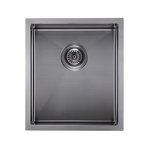 A square stainless steel kitchen sink with a brushed metal finish and a central drain, shown against a plain white background.