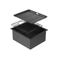 A black rectangular storage bin or container with a hinged lid, shown open to reveal a wire rack and interior compartments, isolated on a white background.