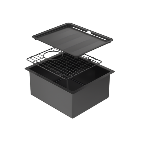 A black rectangular storage bin or container with a hinged lid, shown open to reveal a wire rack and interior compartments, isolated on a white background.