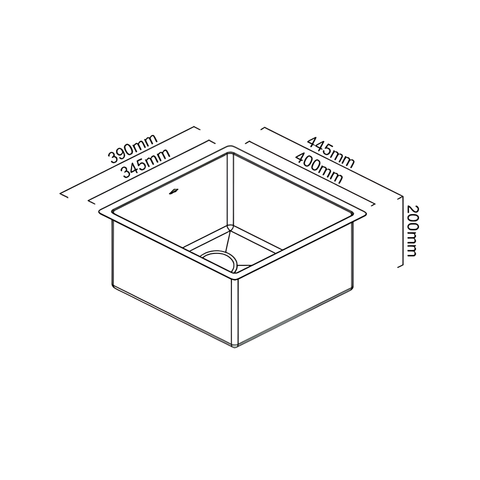 Black and white line drawing of a square kitchen sink with dimension labels showing 390mm/345mm width, 445mm/400mm front, and 200mm depth.