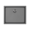 A matte dark gray single-basin kitchen sink with a recessed drain, shown from a top-down perspective on a solid white background.