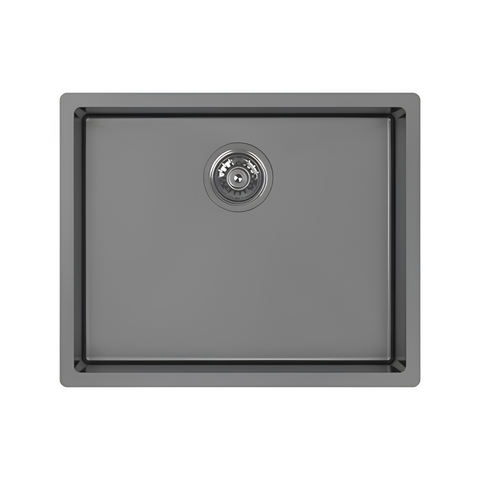 A matte dark gray single-basin kitchen sink with a recessed drain, shown from a top-down perspective on a solid white background.