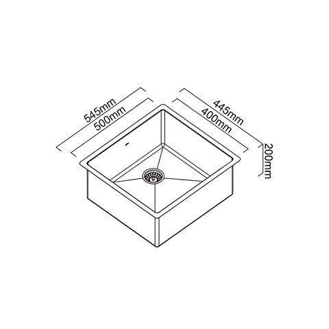 Black and white line drawing of a square sink with dimension labels showing 545mm, 500mm, 445mm, 400mm, and 200mm.