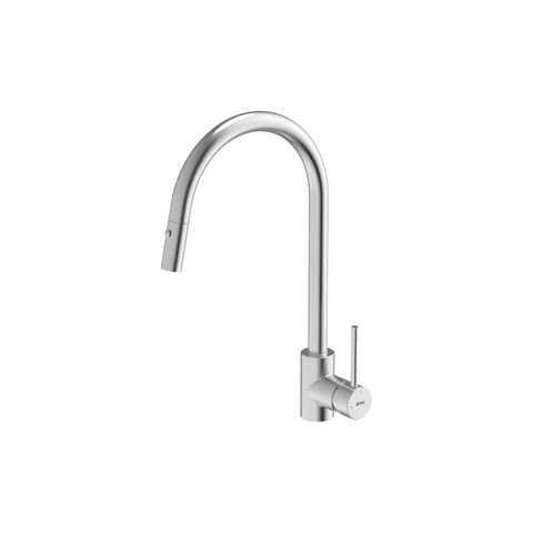 A modern wall-mounted kitchen faucet with a curved gooseneck spout and a single lever handle, finished in polished chrome against a plain white background.