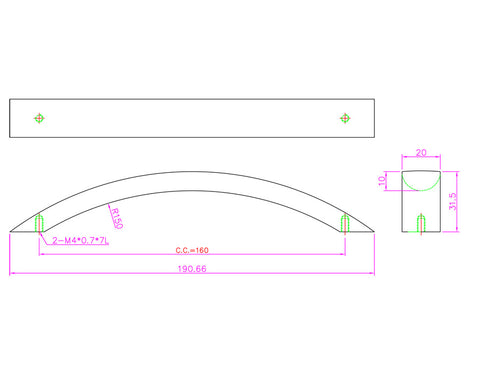 Rainbow Handle in Stainless Steel Look. Hole Centres: 160mm. Length: 190.66mm Height: 31.5mm Width: 20mm