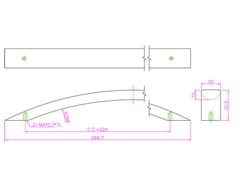 Rainbow Handle in Stainless Steel Look. Hole Centres: 224mm. Length: 266.7mm Height: 31.5mm Width: 20mm