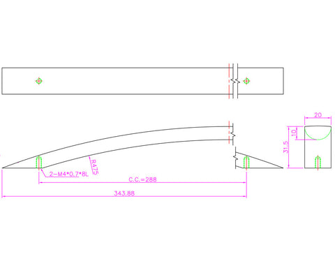 Rainbow Handle in Stainless Steel Look. Hole Centres: 288mm. Length: 343.88mm Height: 31.5mm Width: 20mm