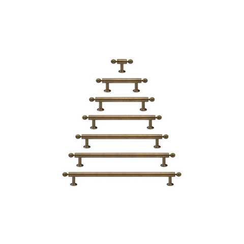 Renzo solid brass handle in satin brass finish, modern minimalist cabinet and door pull with smooth texture and durable construction for kitchen or bathroom interiors.