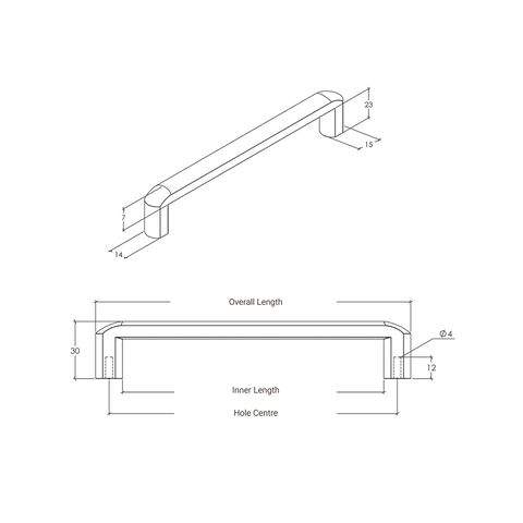 Dimensioned drawing — Roma D Handle