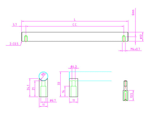Rotondo Handle in Stainless Steel Look. Hole Centres: 224mm. Length: 235.4mm Height: 33mm Round Bar Diameter: 12mm