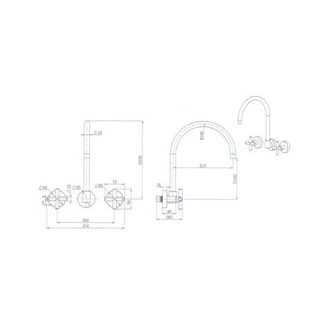 RYK007 – Ryker Wall Sink Set 1/4 Turn – Chrome sketch