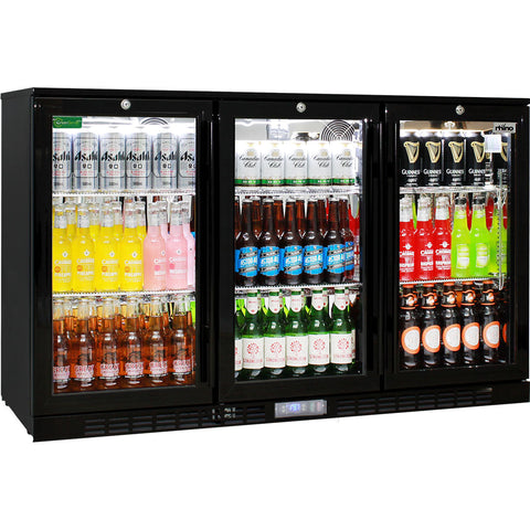 Commercial Glass 3 Door Black Under Bench Bar Fridge With Heated Glass To Stop Condensation - Model SG3H-B-HD