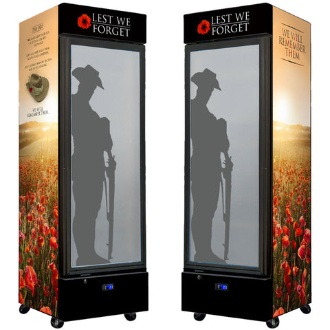 Lest We Forget Upright Quiet Running Black Glass Door Bar Fridge - Model SC372B-LWF