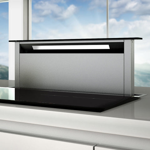 1180mm Downdraft Rangehood - Black Glass Fascia & Stainless Steel Trim