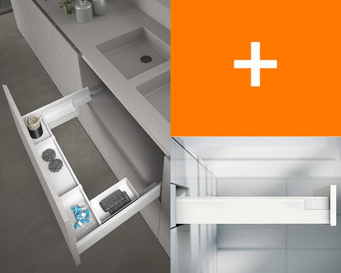 Blum TANDEMBOX antaro M height 83mm 30kg 500mm Silk White with BLUMOTION + SIGE™ Metal Under Sink Drawer in White.