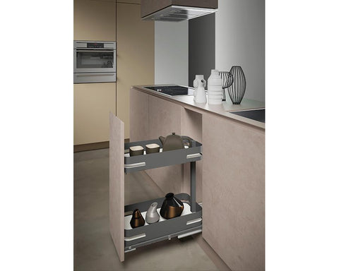 SIGE Materia Bottom Mount Soft Close Bottle Rack in Orion Grey with Silver Grey base. For 450mm carcase. Width: 410 - 418mm. Depth: 500mm. Height: 520mm