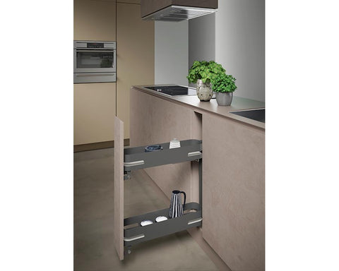 SIGE Materia Left Hand Side Mount Soft Close Bottle Rack in Orion Grey with Silver Grey base. For 150mm carcase. Width: 110mm. Depth: 500mm. Height: 520mm