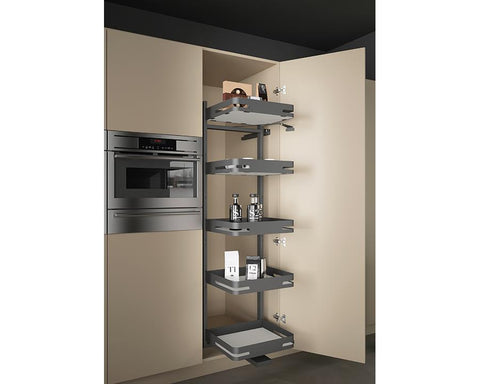 SIGE Materia Basket for Door Follow Pantry in Orion Grey with Silver Grey base. For 600mm carcase. Width: 560mm. Depth: 500mm. Height: 100mm. *Code includes 5 baskets*