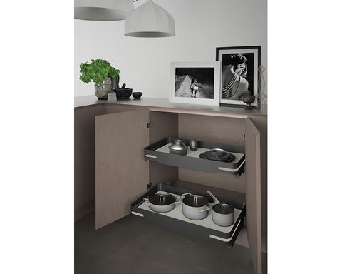 SIGE Materia Pantry Soft Close Drawer in Orion Grey with Silver Grey base. For 450mm carcase. Width: 450mm. Depth: 500mm. Height: 100mm