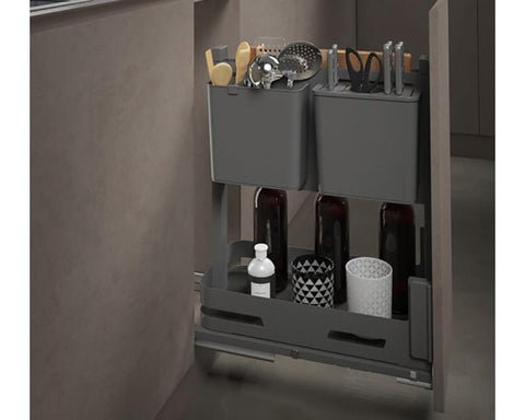 SIGE Materia Pull Out Organiser in Orion Grey to suit 300mm carcase. Width: 260mm. Depth: 495mm. Height: 574mm. Weight Capacity: 30kg