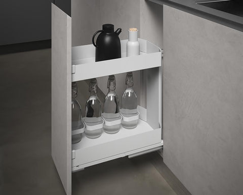 SIGE™ Pro Line Side Mount Soft Close Bottle Rack with Blum MOVENTO 40kg Runners in White. For 300mm carcase. Width: 262 - 268mm. Depth: 500mm. Height: 520mm