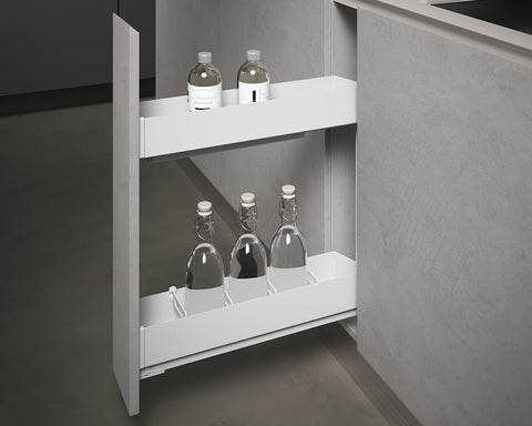SIGE™ Pro Line Side Mount Soft Close Bottle Rack with Blum MOVENTO 40kg Runners in White. For 150mm carcase. Width: 110-118mm. Depth: 500mm. Height: 520mm.