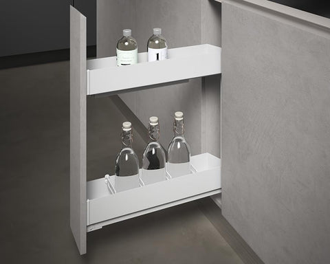 SIGE™ Pro Line Side Mount Soft Close Bottle Rack with Blum MOVENTO 40kg Runners in White. For 200mm carcase. Width: 160-168mm. Depth: 500mm. Height: 520mm