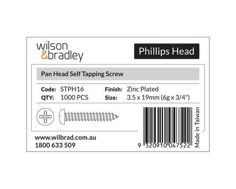 Phillips Head- Pan Head Self Tapping Screw 3.5 x 19mm (6g x 3/4"). Sold per 1000/pack