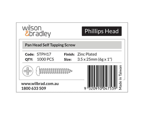Phillips Head- Pan Head Self Tapping Screw 3.5 x 25mm (6g x 1"). Sold per 1000/pack