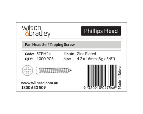 Phillips Head- Pan Head Self Tapping Screw 4.2 x 16mm (8g x 5/8"). Sold per 1000/pack