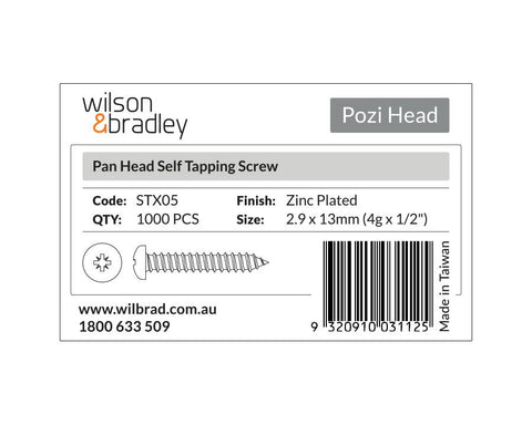 Pozi Head- Pan Head Self Tapping Screw 2.9 x 13mm (4g x 1/2"). Sold per 1000/pack