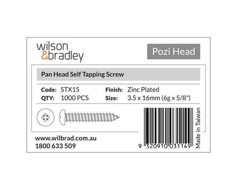 Pozi Head - Pan Head Self Tapping Screw 3.5 x 16mm (6g x 5/8"). Sold per 1000/pack