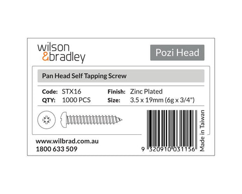 Pozi Head- Pan Head Self Tapping Screw 3.5 x 19mm (6g x 3/4"). Sold per 1000/pack
