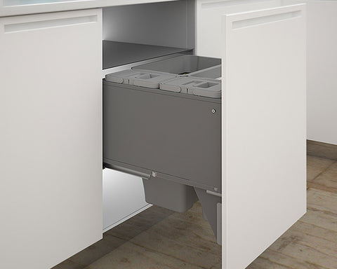 SIGE 82L (2x35L + 2x6L) Waste Bin in Orion Grey with SIGE drawer slides. Height: 570mm. Width: 568mm. Depth: 500mm. To suit 600mm cabinet