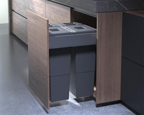 SIGE 80L (2 x 32L + 2 X 8L) Puro Waste Bin in Orion Grey. Overall carcase width: 600mm. To suit Blum MERIVOBOX