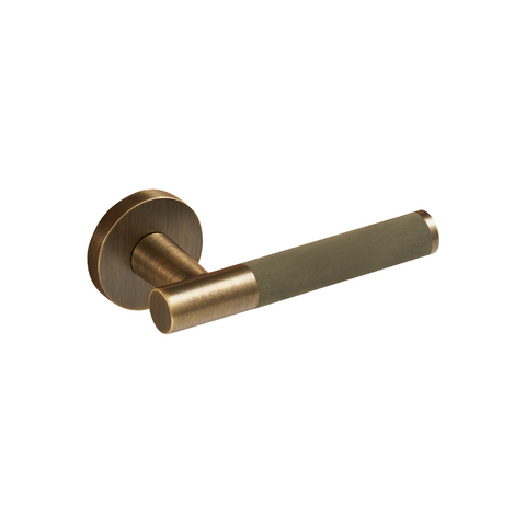 Santo Solid Brass Door Lever | Bronze & Torino Green (Crazy Horse Leather)